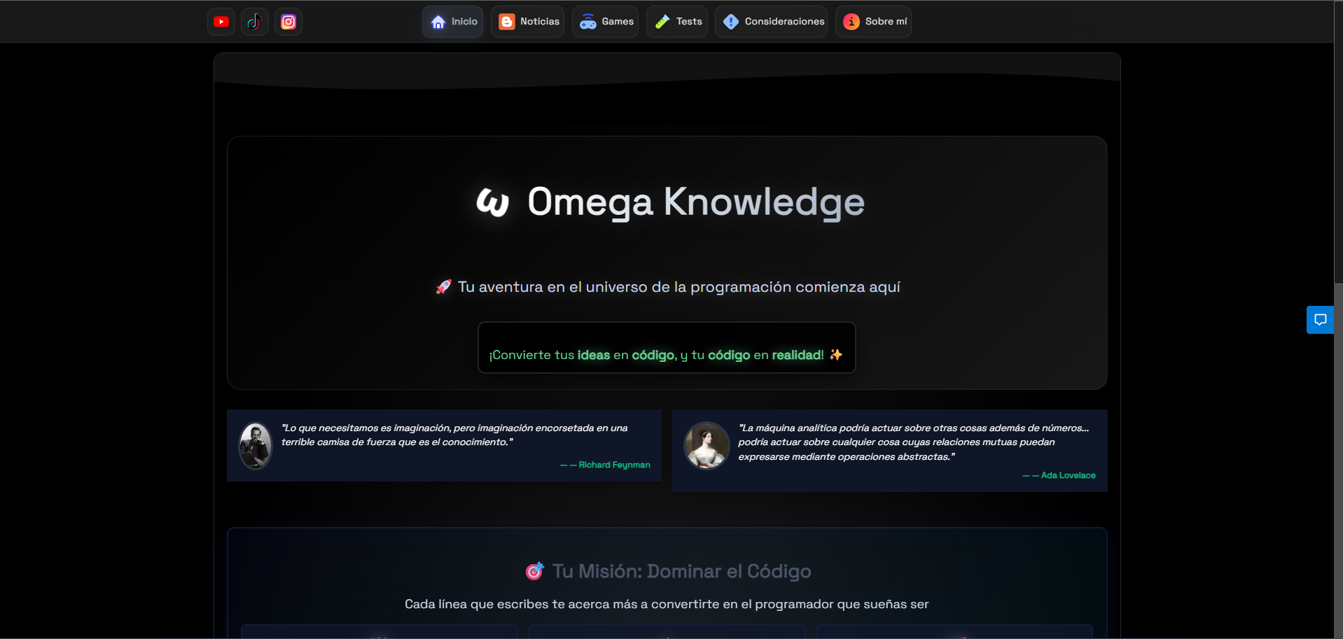 Captura real de la plataforma web Omega Knowledge creada por Jackson Almeida Echevarría